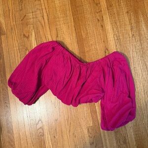 Future Collective Jenny K Lopez Off Shoulder Balloon Sleeve Cropped Pink Shirt